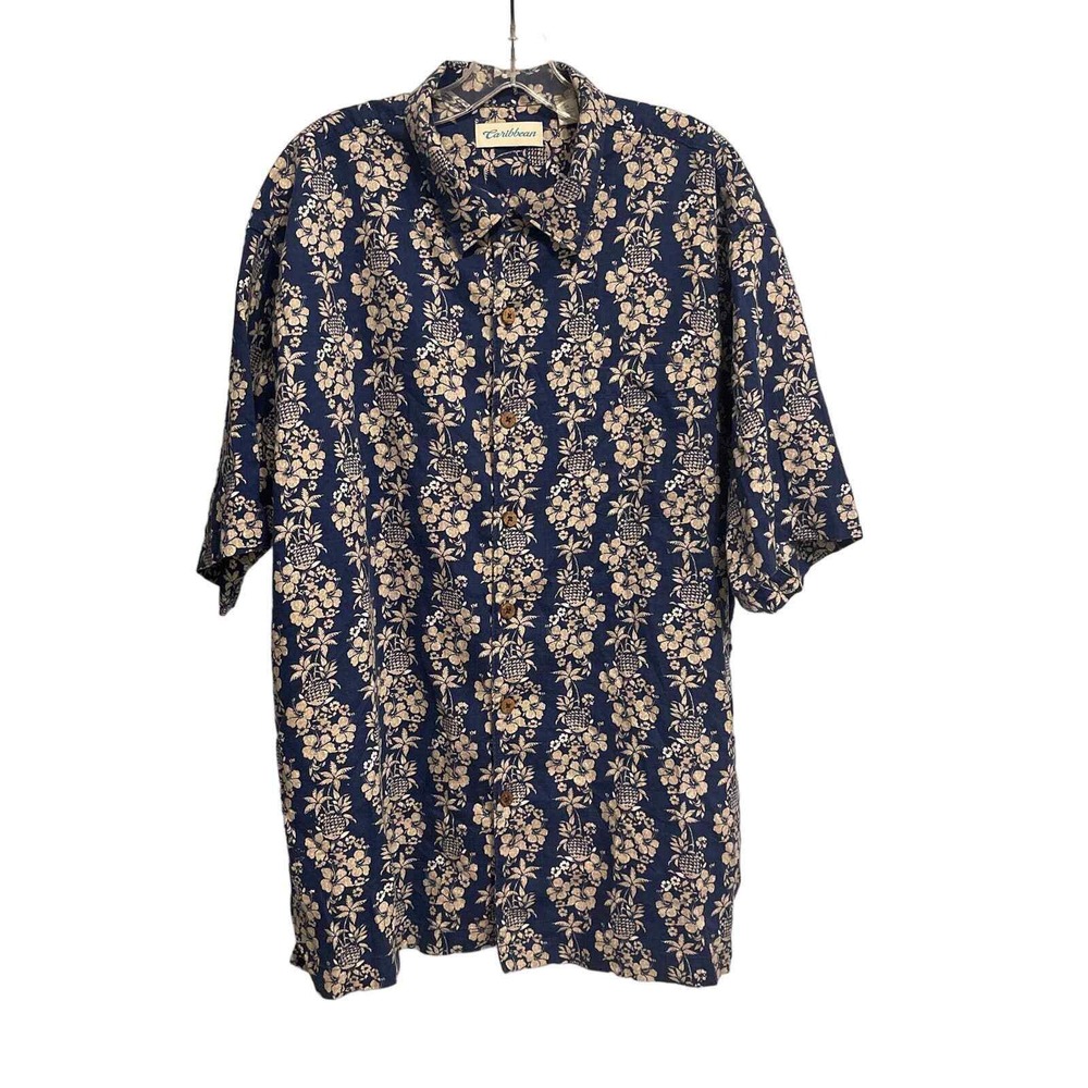 Caribbean Mens XL Hawaiian Shirt Blue Pineapple Hibiscus Cotton Lyocell Tropical